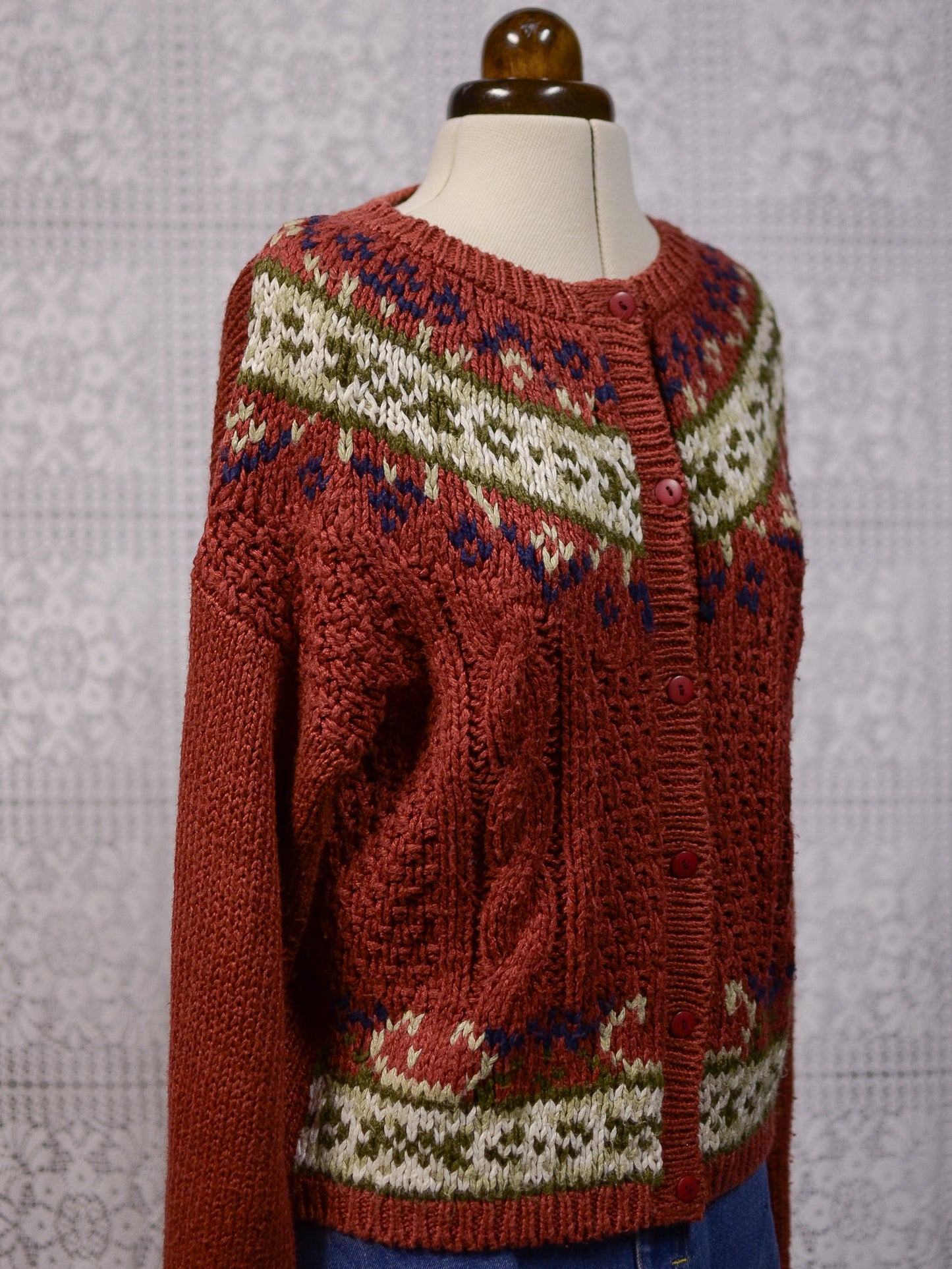 1990s dark red brown and cream floral pattern nordic cardigan