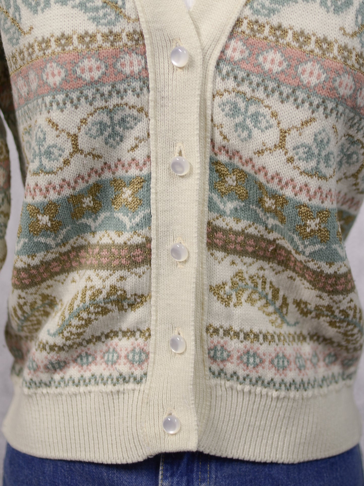 1980s cream, brown, pink and turquoise floral and feather pattern striped v-neck cardigan