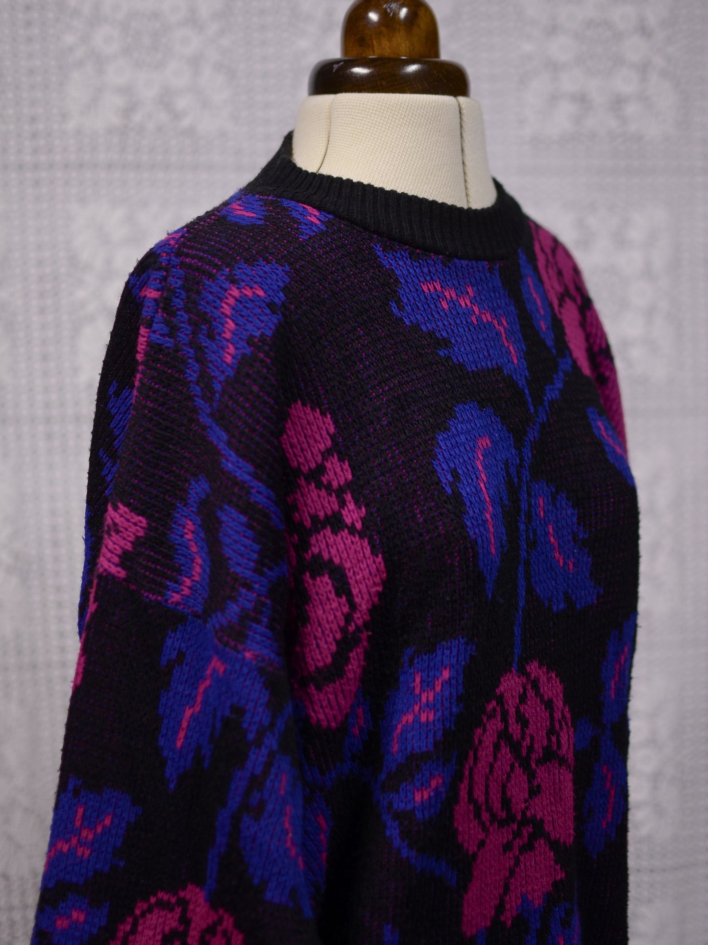 1980s black, purple and pink rose floral print batwing jumper