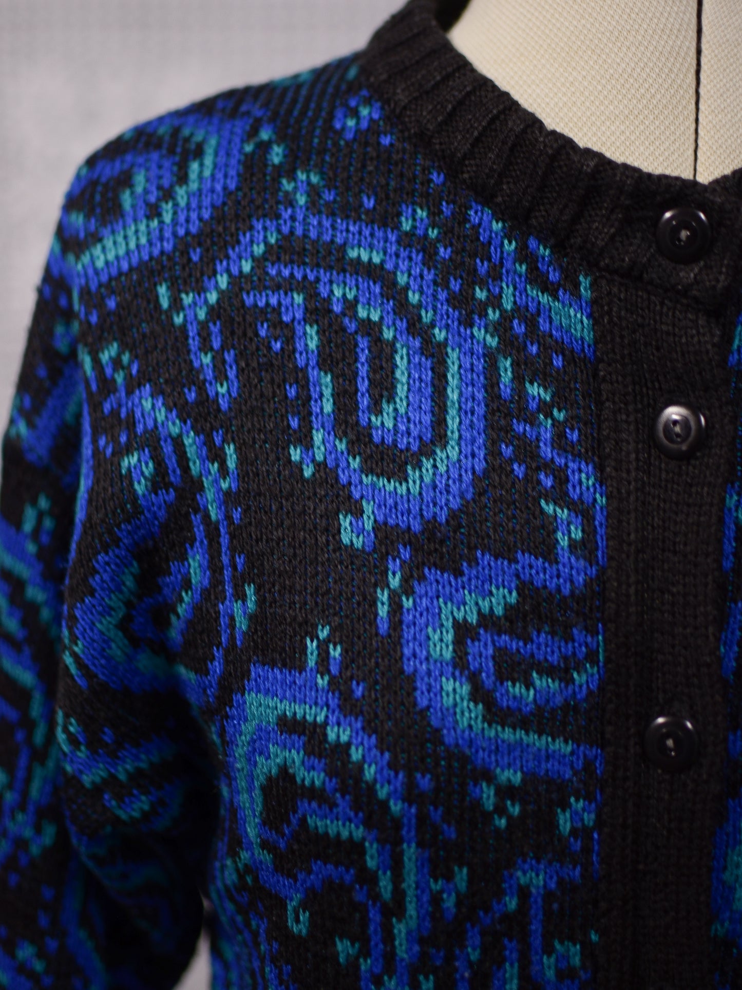 1980s St Michael black, blue and green paisley pattern button-through crew neck cardigan