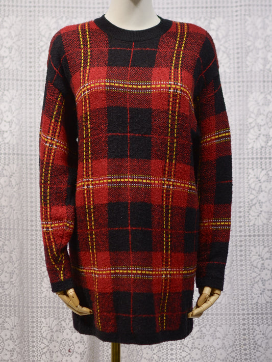 Y2K St Michael red, black and yellow tartan long jumper