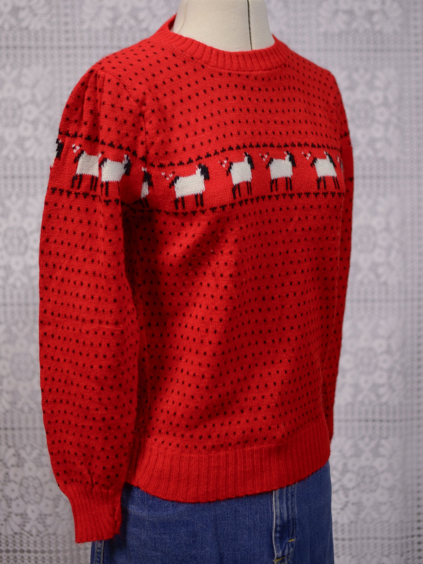 1970s red, white and black sheep and spotty pattern fitted jumper