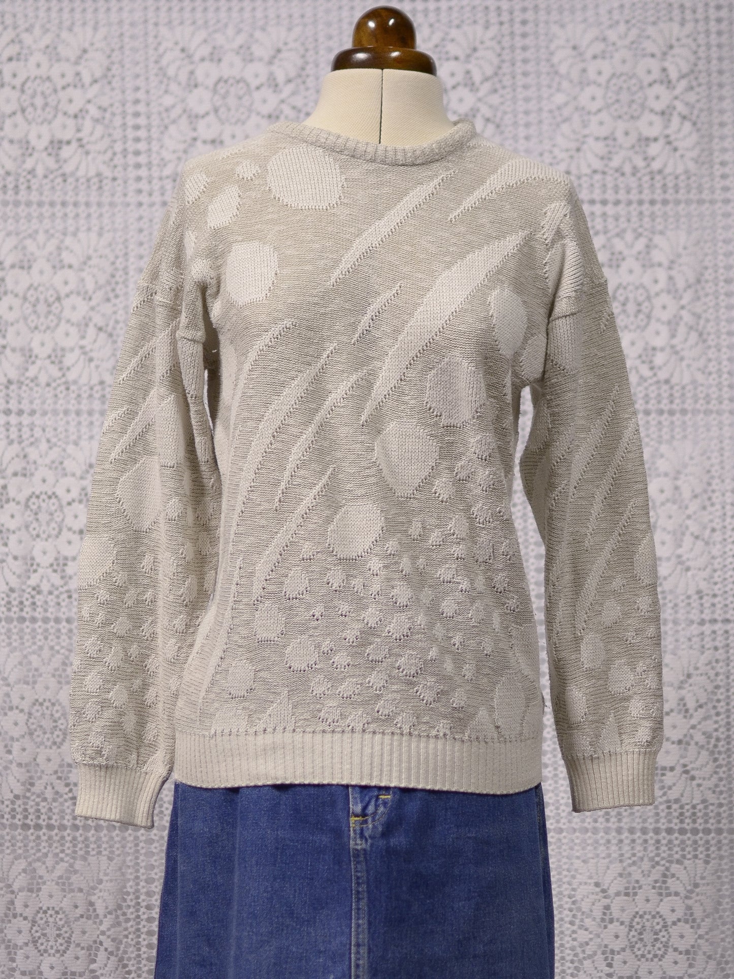 1980s cream and beige abstract pattern jumper