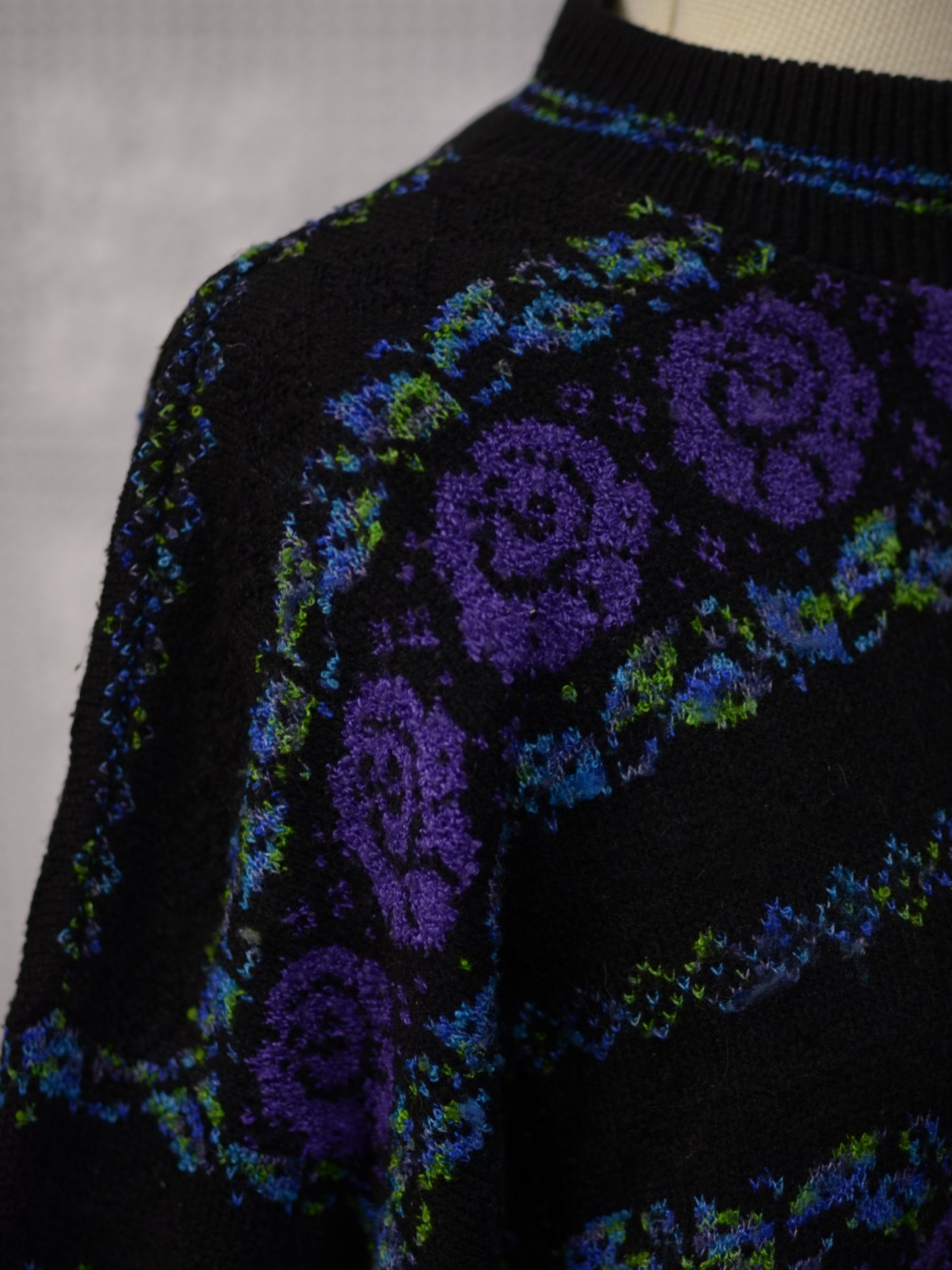 1980s black, purple and green rose floral and leaf pattern striped jumper