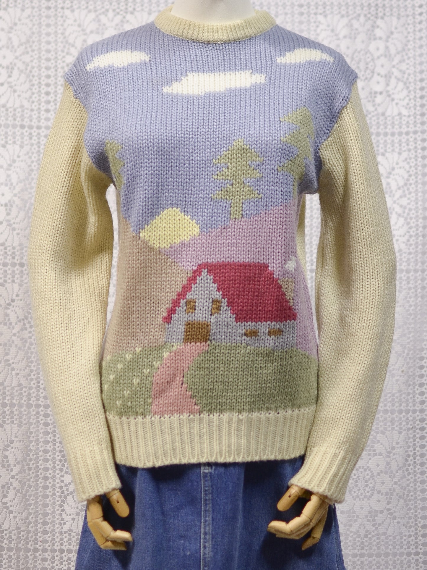 1980s Chelsea Girl cream and pastel cottage pattern jumper