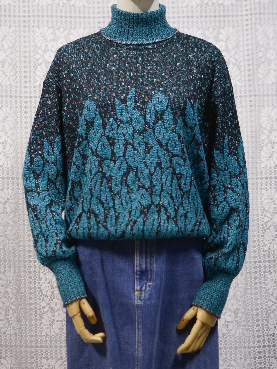 1980s teal, black and silver roll neck batwing jumper