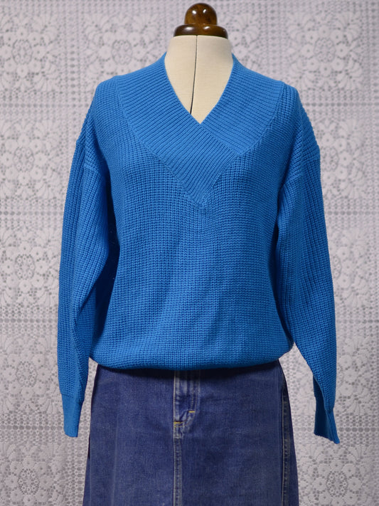 1980s bright blue v-neck off the shoulder jumper