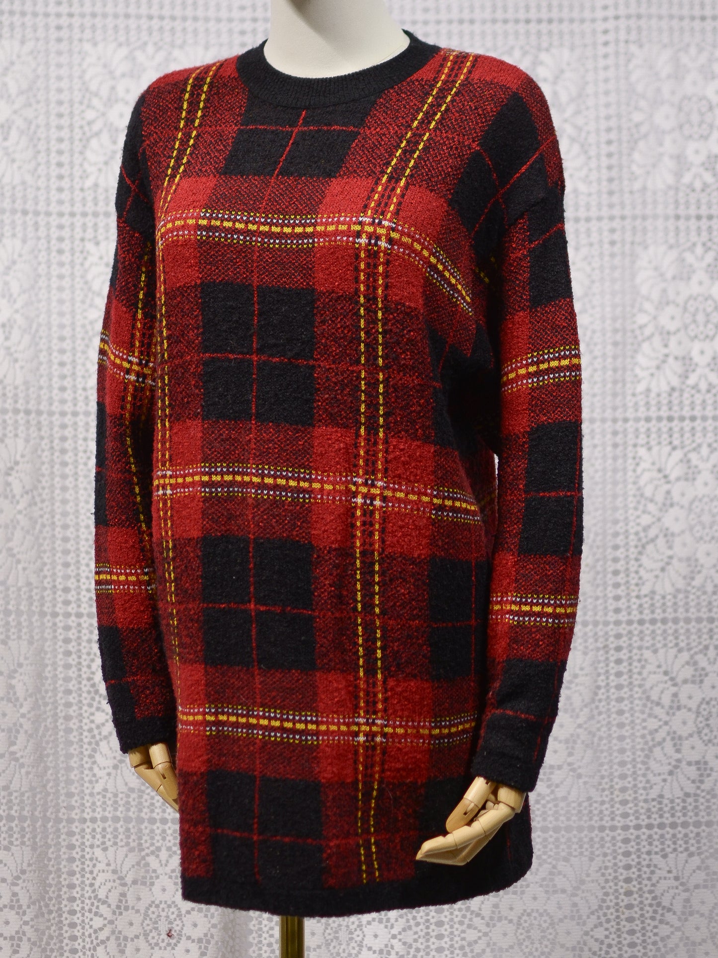 Y2K St Michael red, black and yellow tartan long jumper