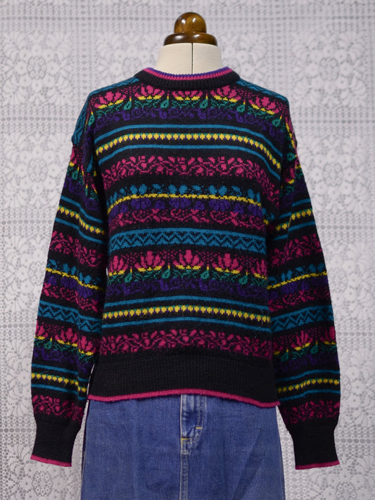 1980s C&A black, pink, yellow, purple and blue colourful floral stripe jumper