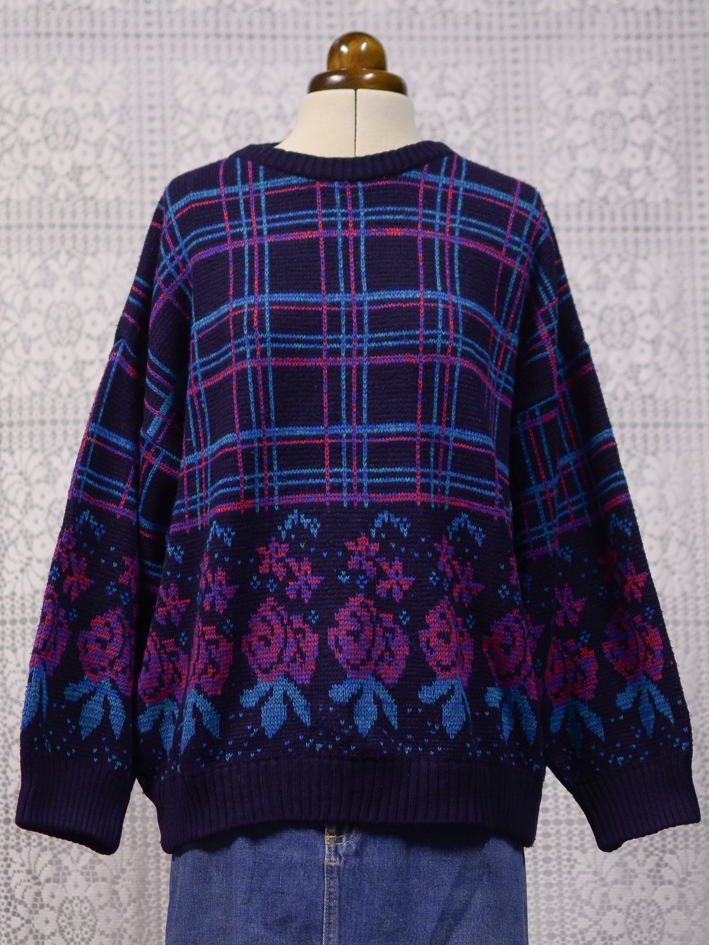 1980s navy, pink and light blue checked and rose floral pattern jumper