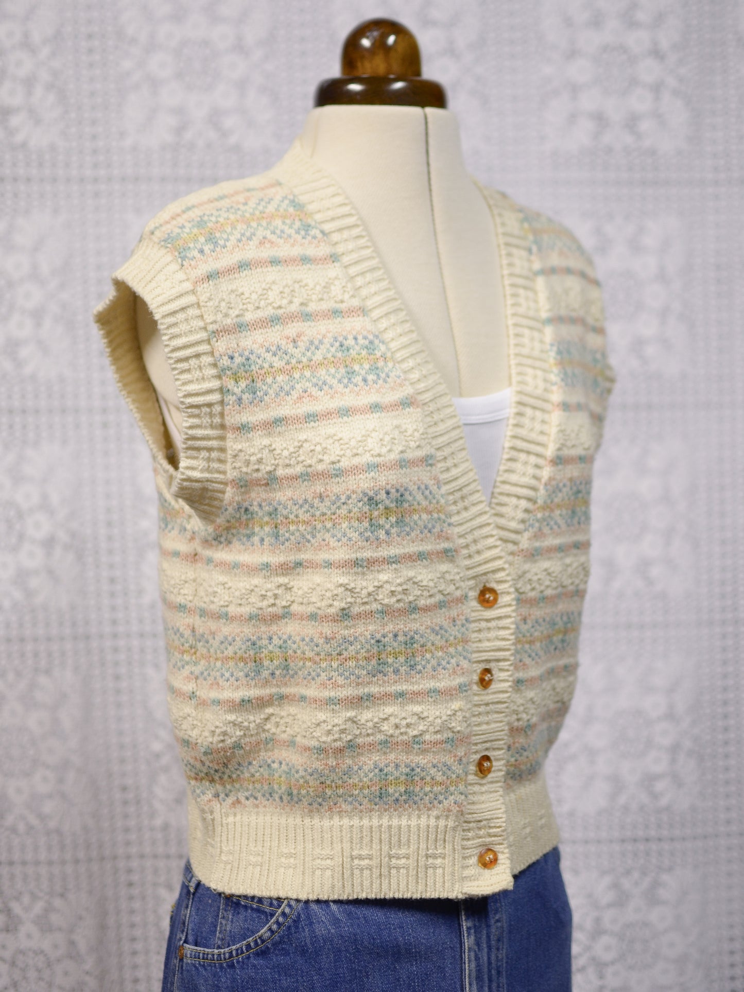 1990s BHS cream, pink and blue nordic fairisle style pattern knitted waistcoat