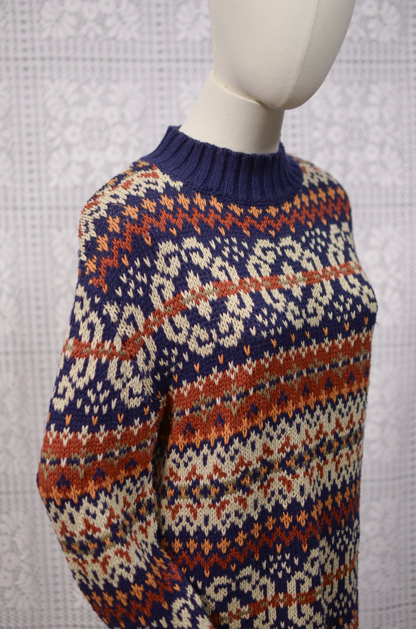 Y2K Etam navy blue and brown cotton ramie long chunky jumper