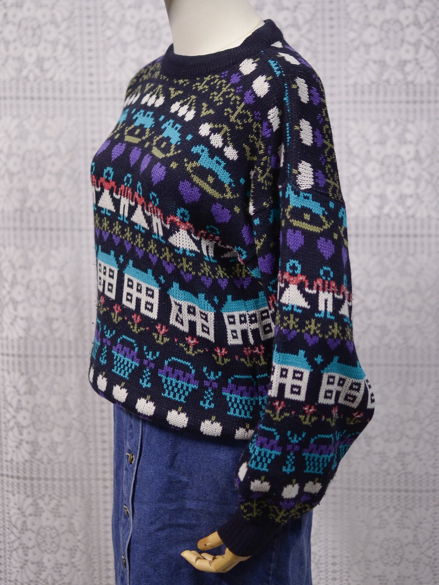 1980s navy blue, purple and blue novelty folk pattern jumper