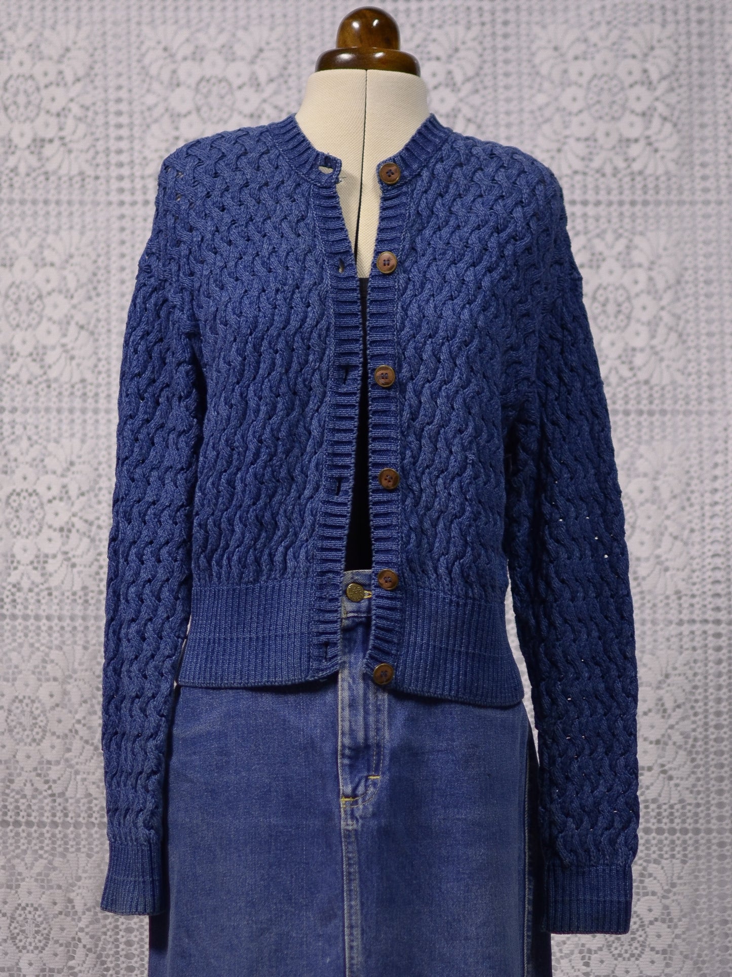 1990s denim blue textured cotton cardigan