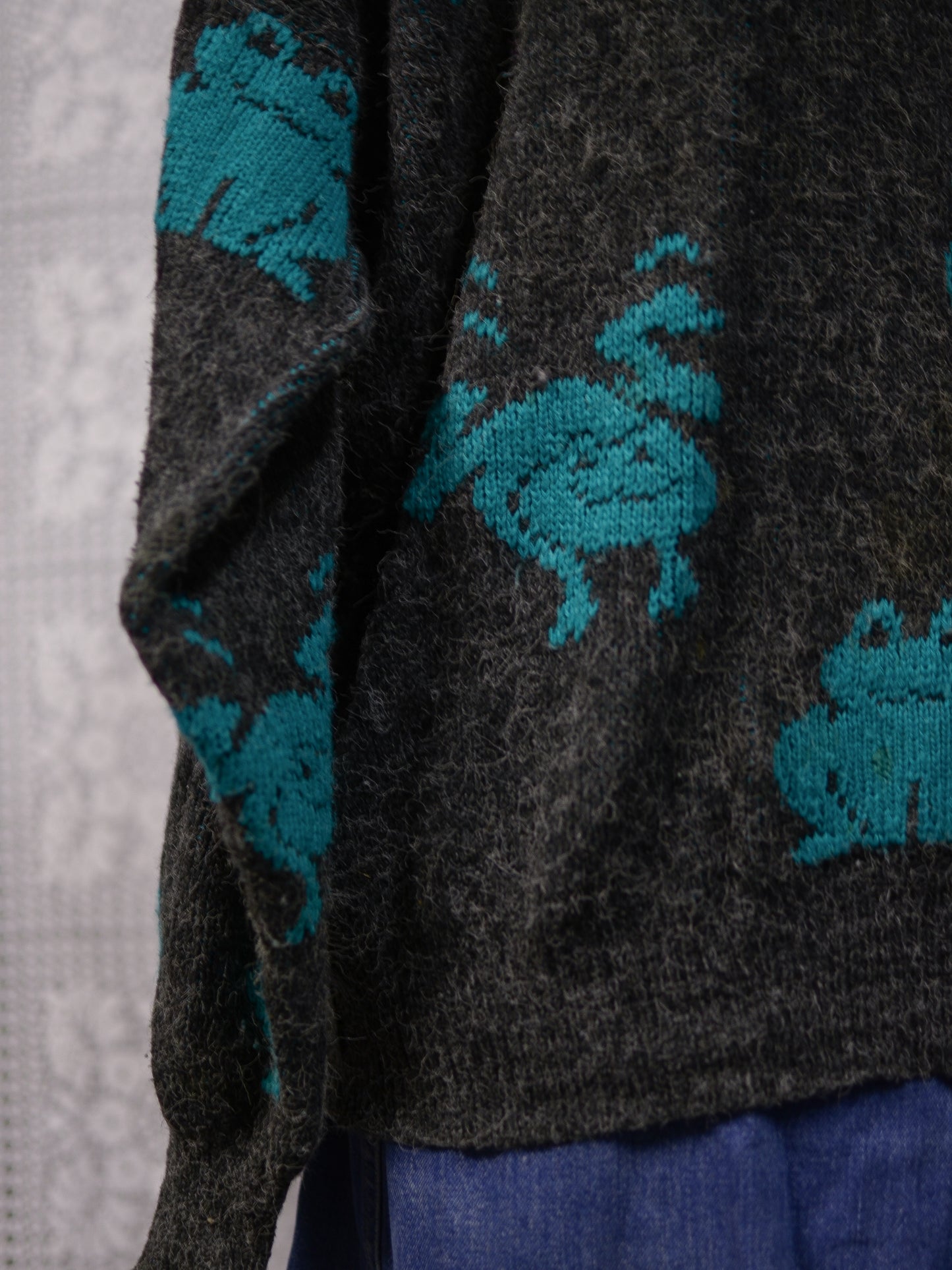 1980s Etam grey and green frog pattern slouchy jumper