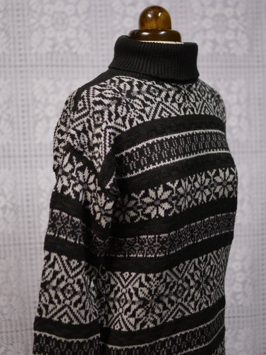 1990s St Michael black and white snowflake nordic striped roll neck jumper