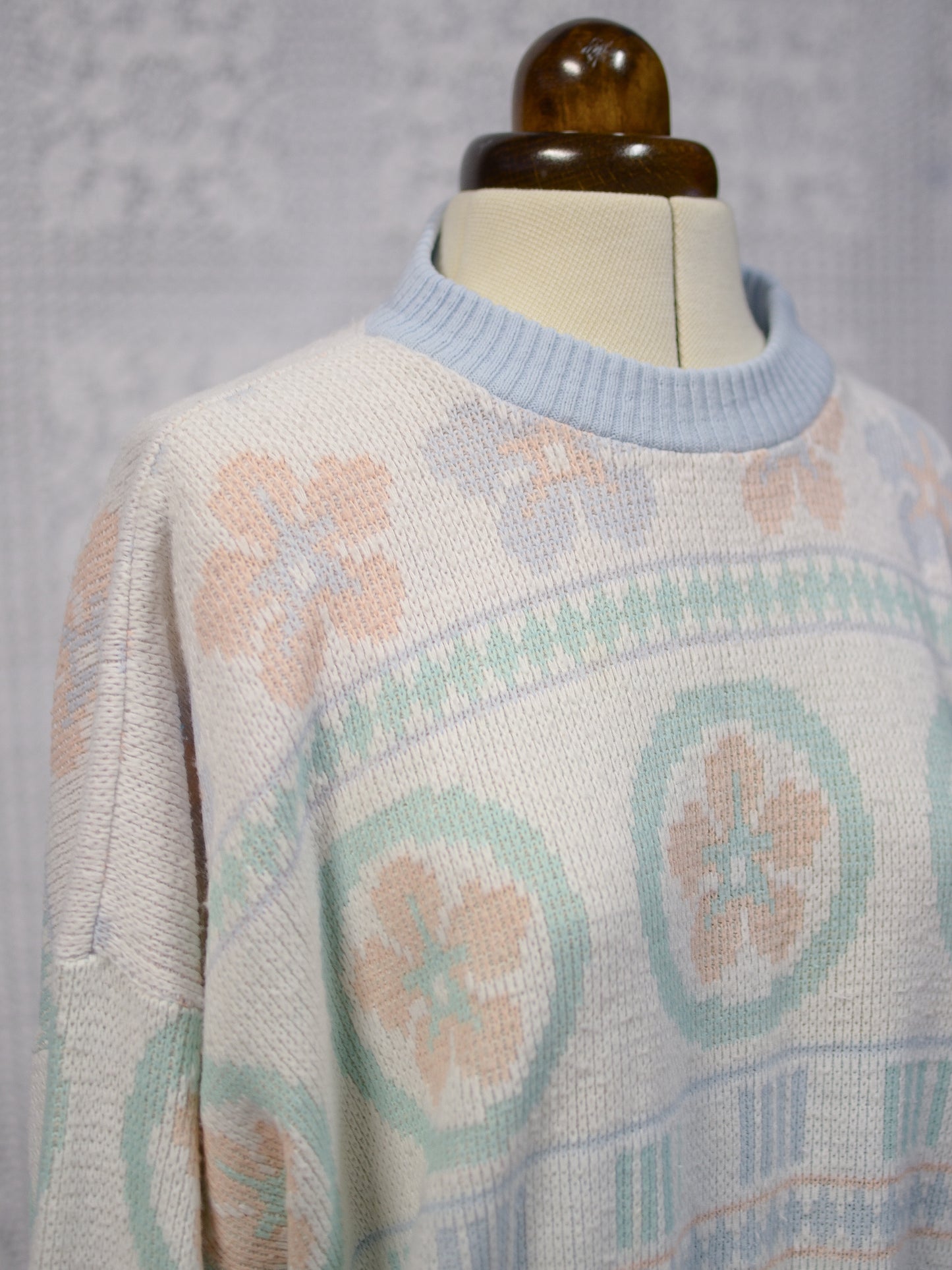 1990s white, blue, green and peach geometric floral jumper