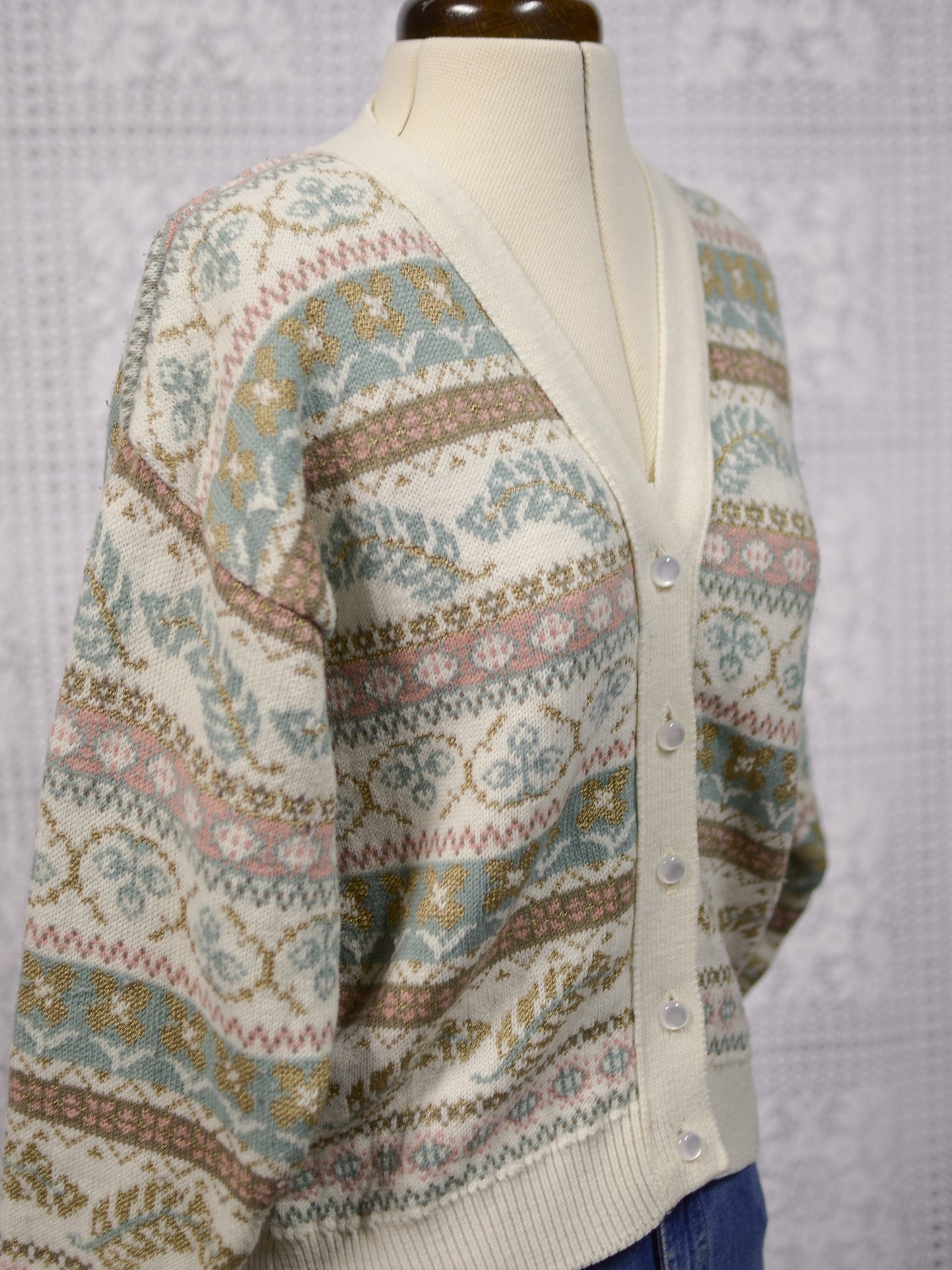 1980s cream, brown, pink and turquoise floral and feather pattern striped v-neck cardigan