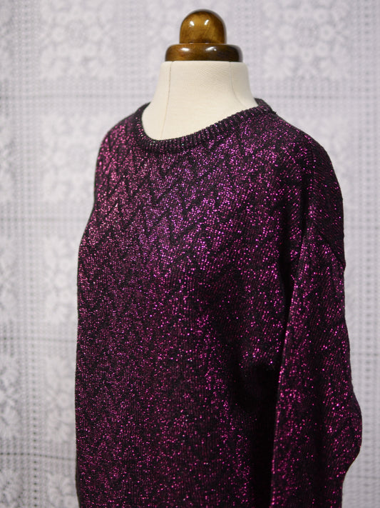 1980s pink and black glittery lurex zig zag pattern jumper