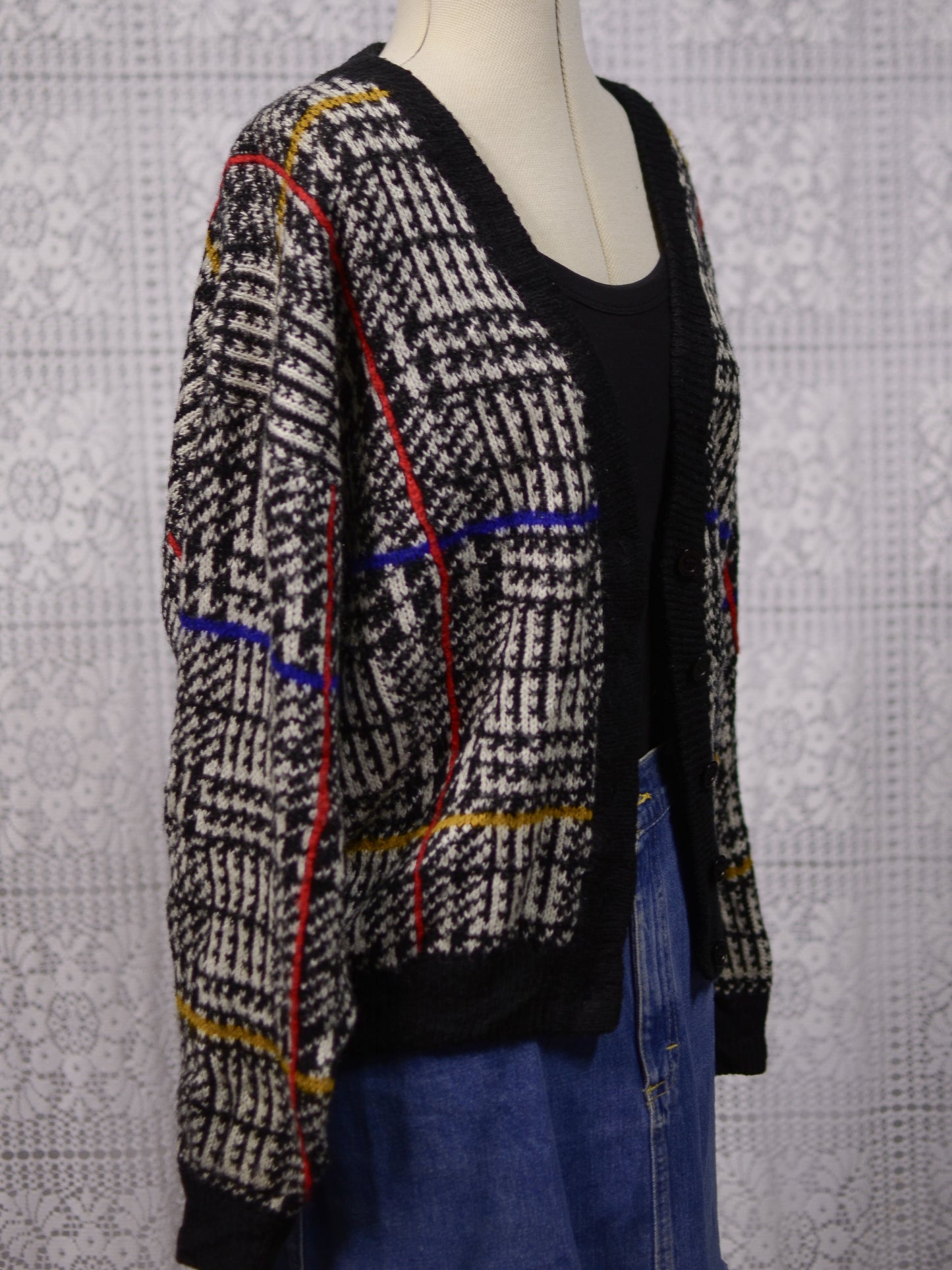 1980s black and white houndstooth check colourful slouchy v-neck cardigan