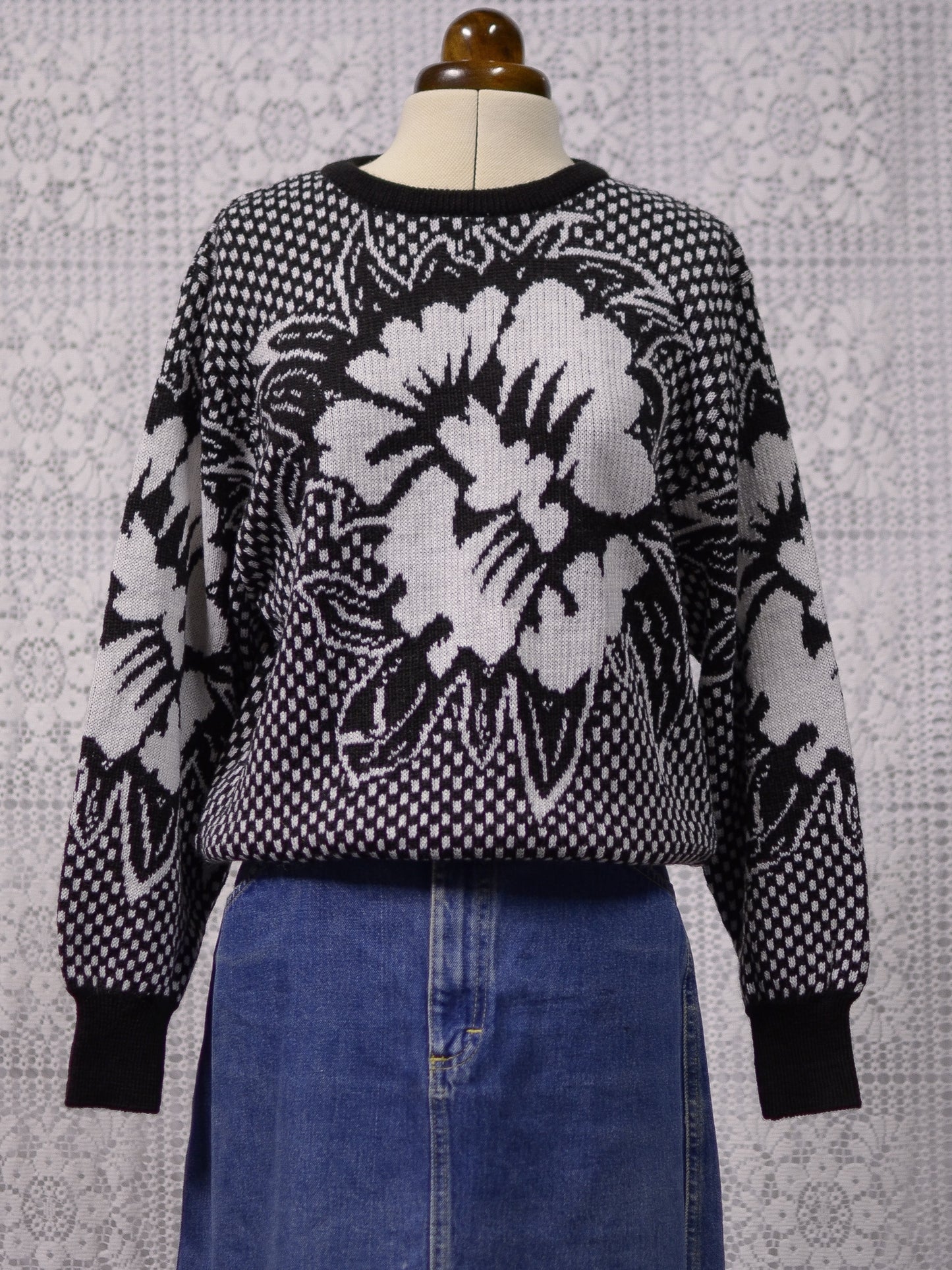 1990s black and white flower motif graphic jumper