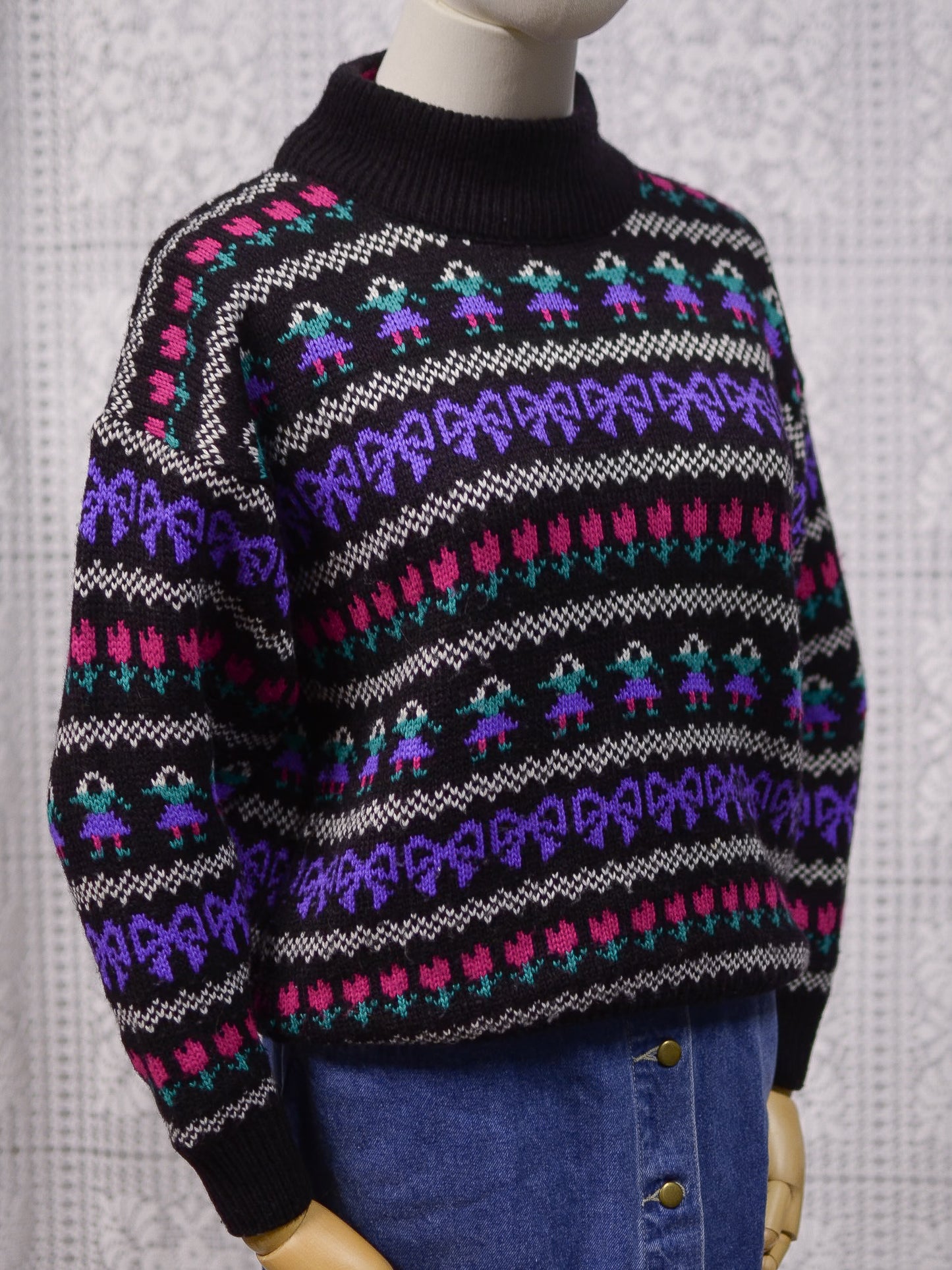 1980s black, purple and pink striped folk pattern jumper