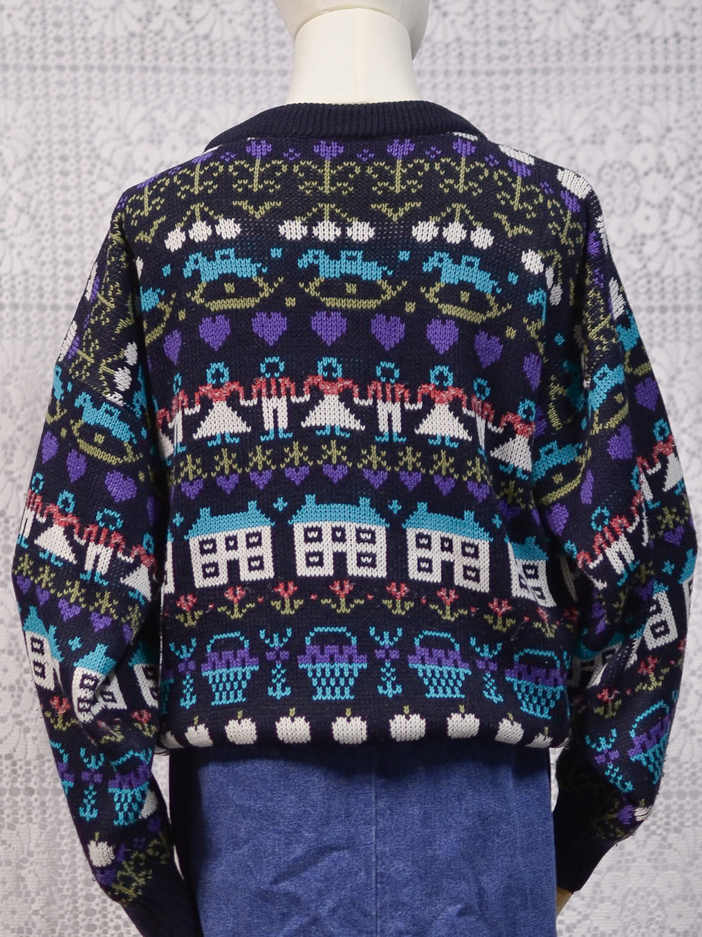 1980s navy blue, purple and blue novelty folk pattern jumper