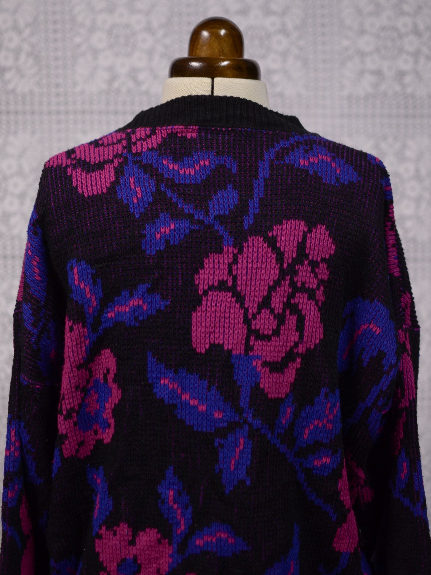 1980s black, purple and pink rose floral print batwing jumper