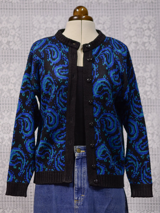 1980s St Michael black, blue and green paisley pattern button-through crew neck cardigan