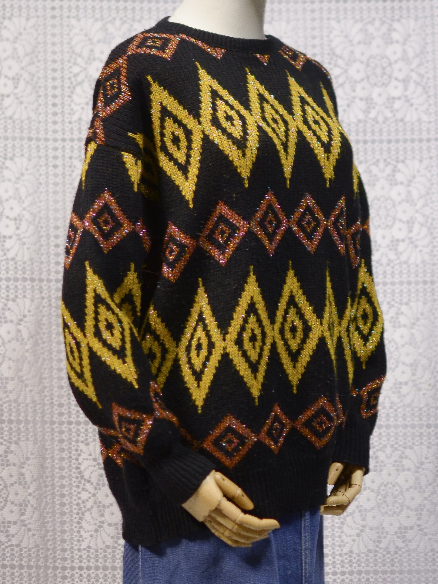 1980s black, yellow and brown sparkly geometric pattern jumper
