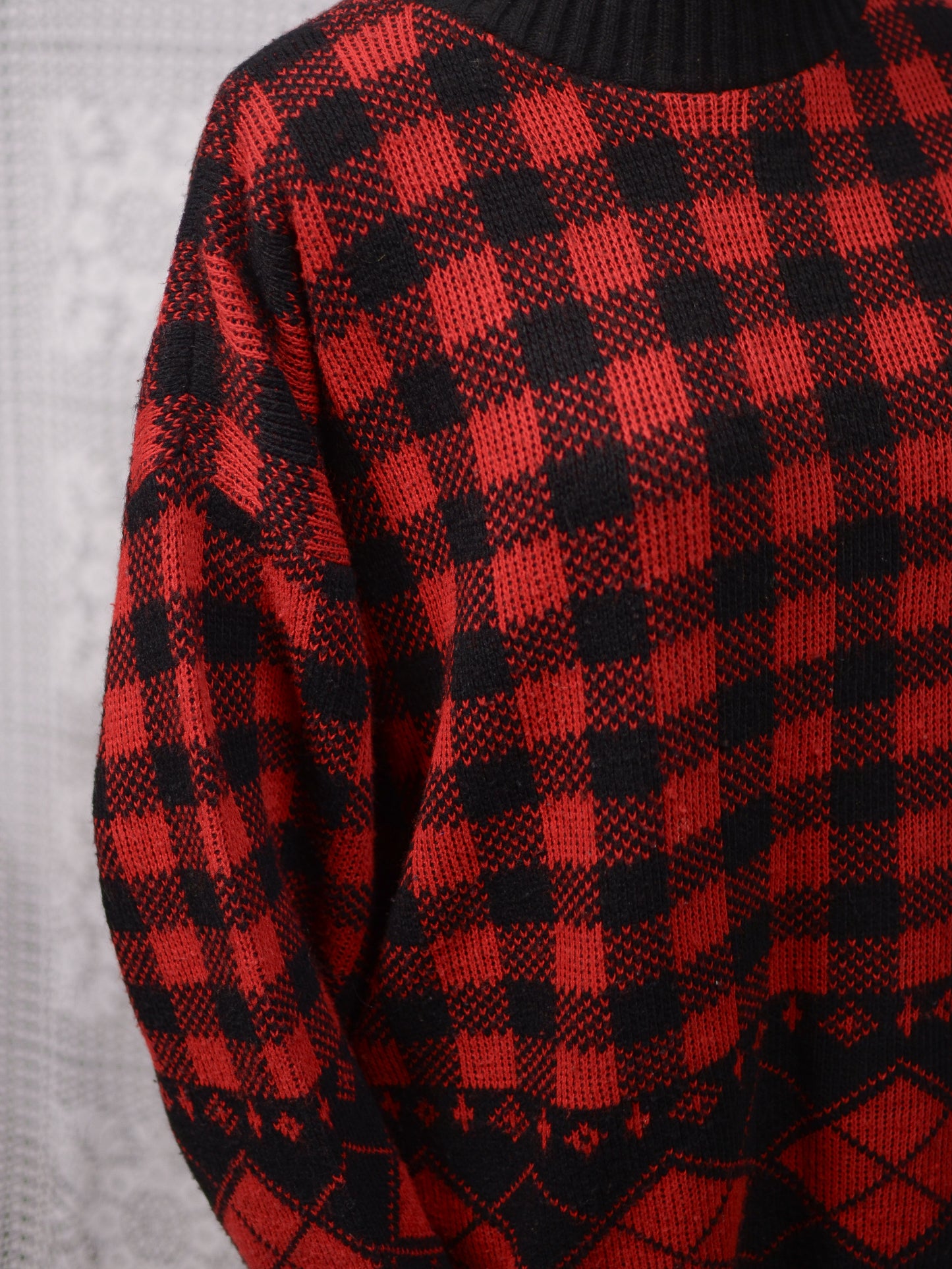 1990s red and black gingham plaid diamond argyle pattern jumper
