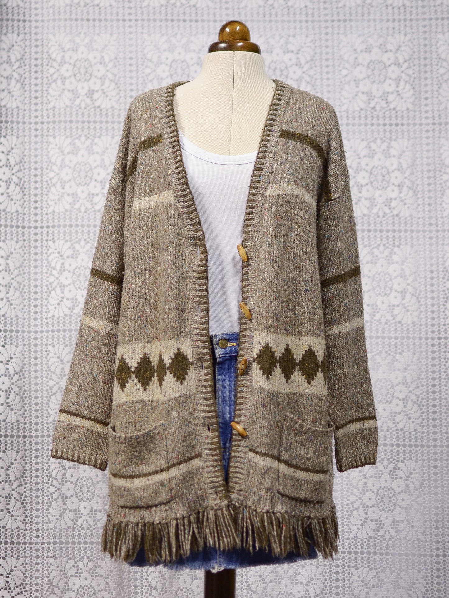 Y2K brown, cream and colourful flecked wool blend long tassled cardigan