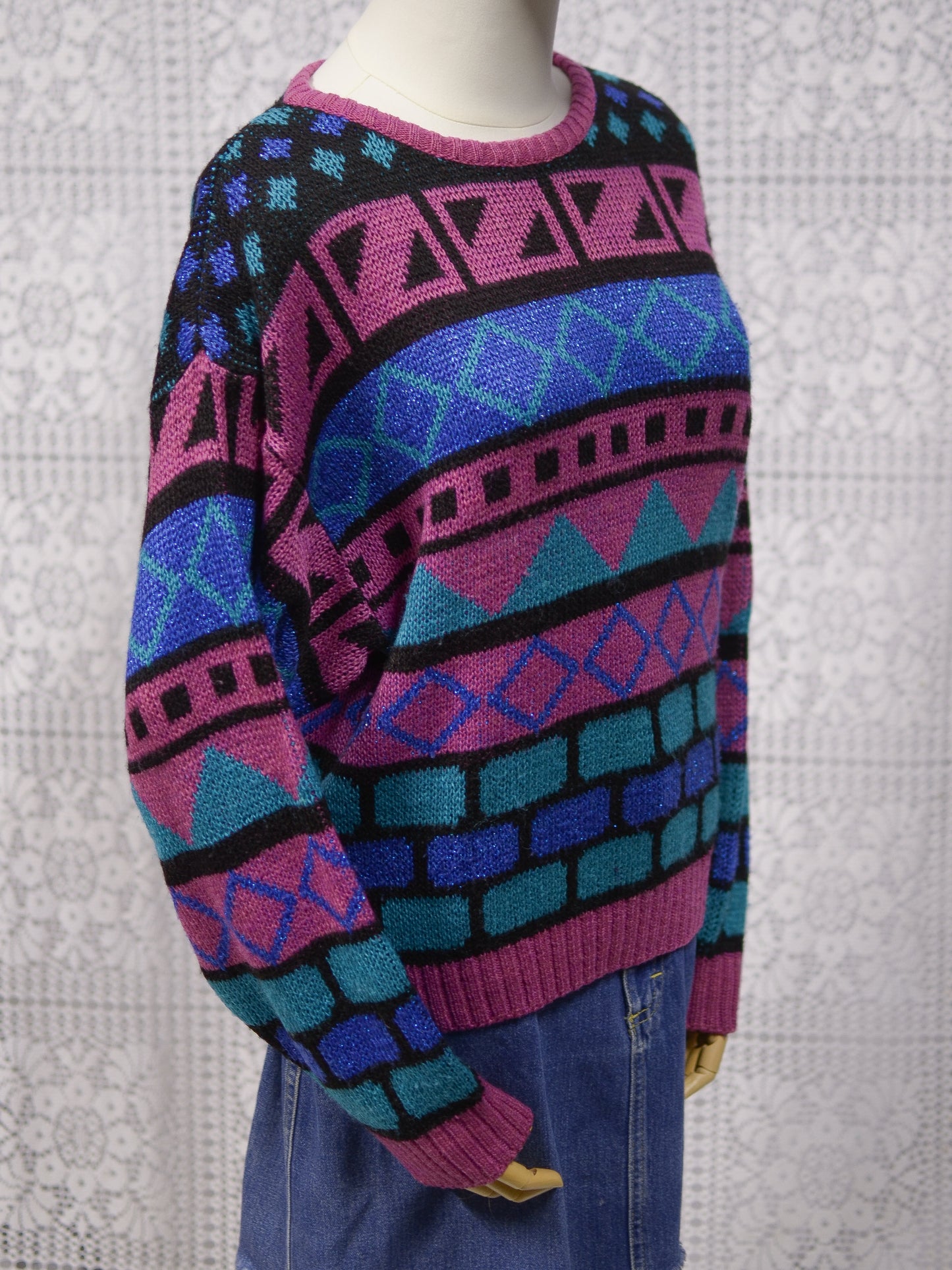 1980s C&A pink, green and blue sparkly patterned jumper