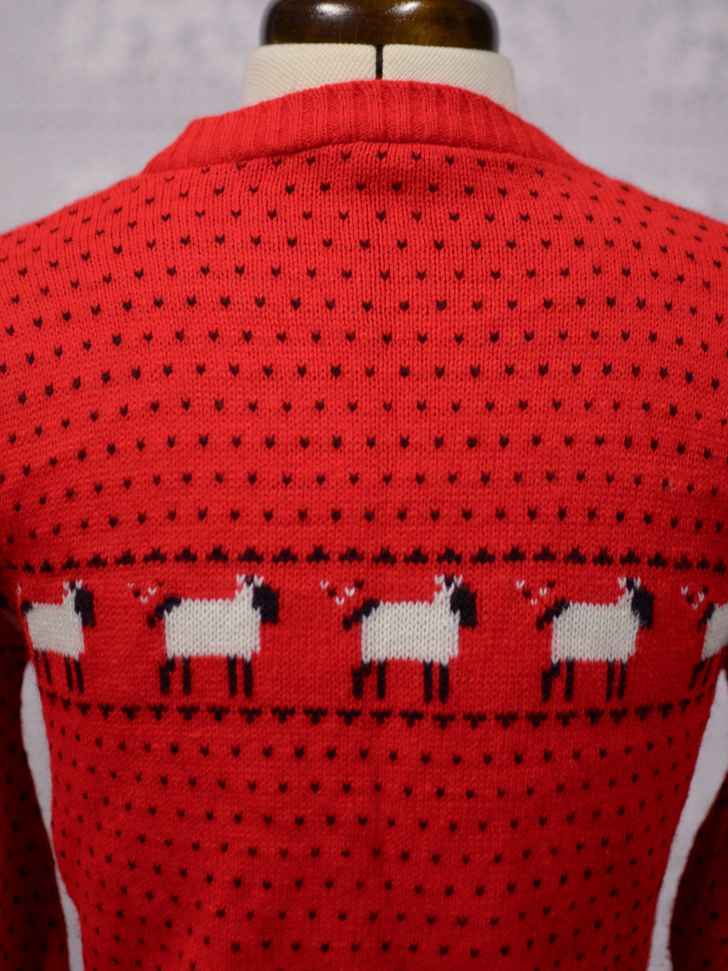 1970s red, white and black sheep and spotty pattern fitted jumper