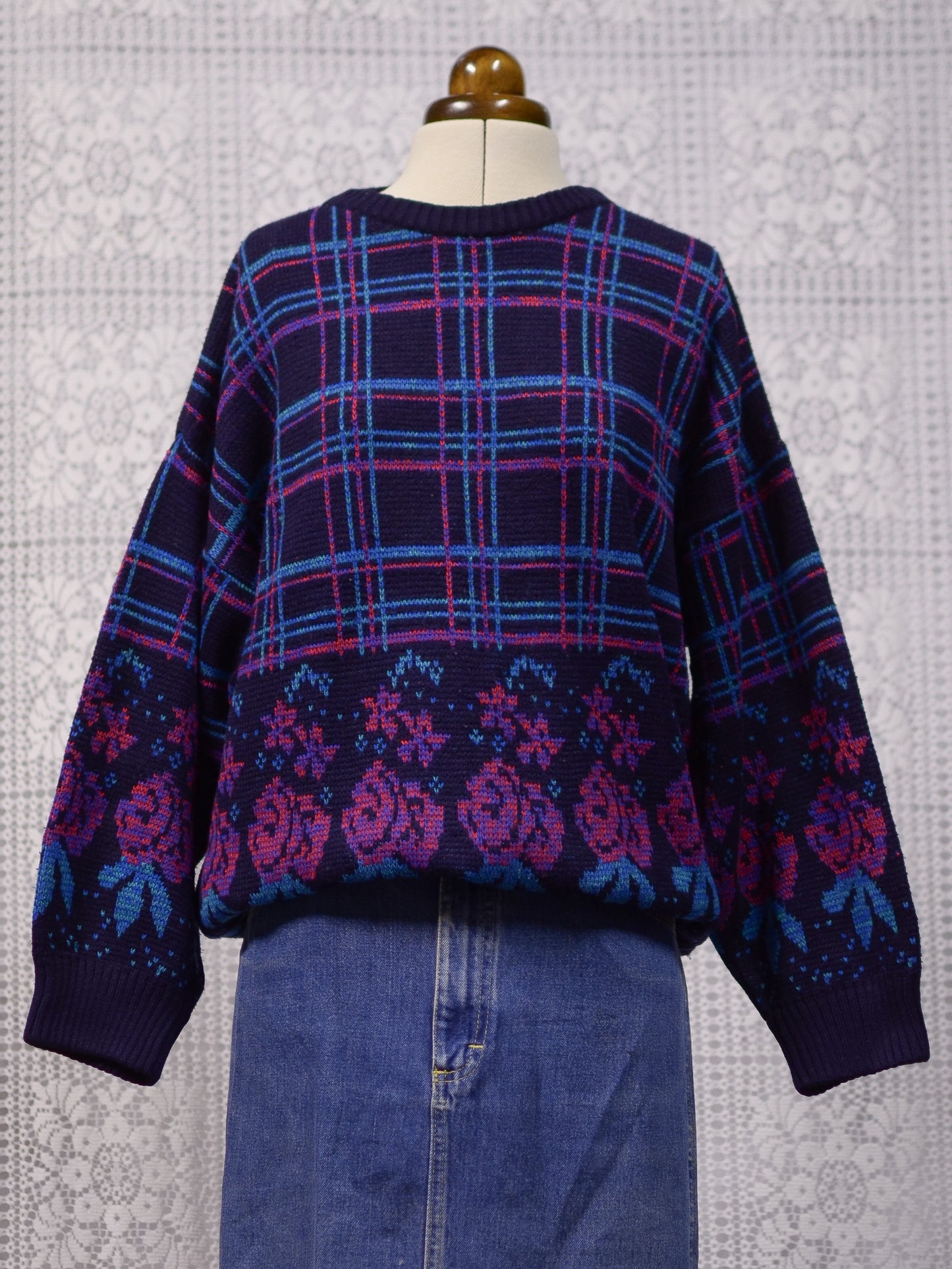 1980s navy, pink and light blue checked and rose floral pattern jumper