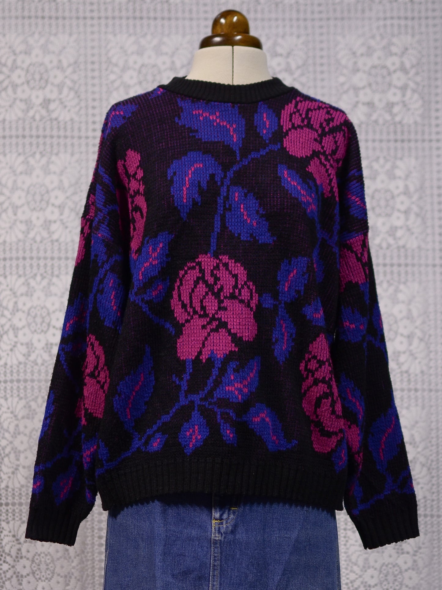 1980s black, purple and pink rose floral print batwing jumper