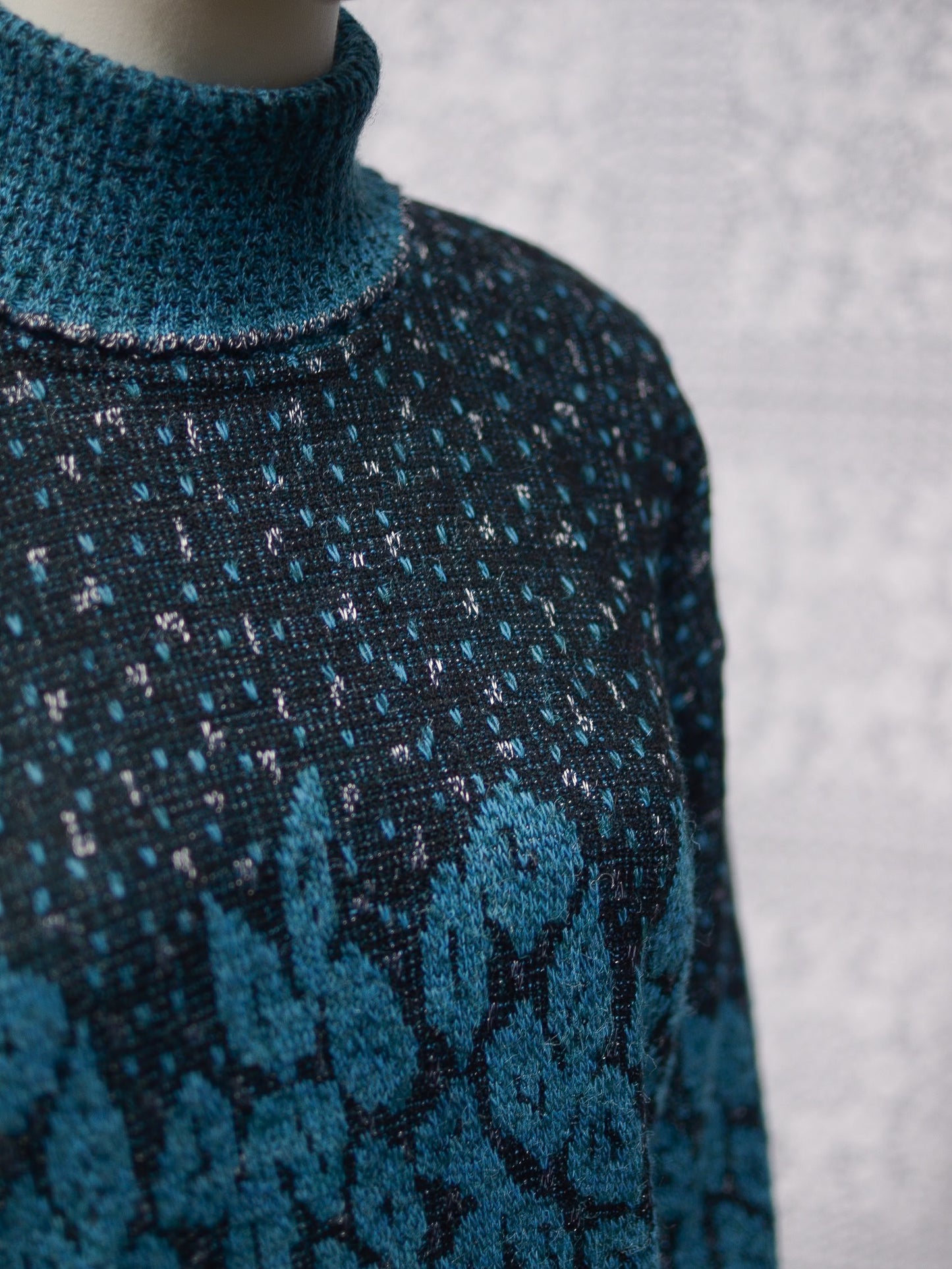 1980s teal, black and silver roll neck batwing jumper