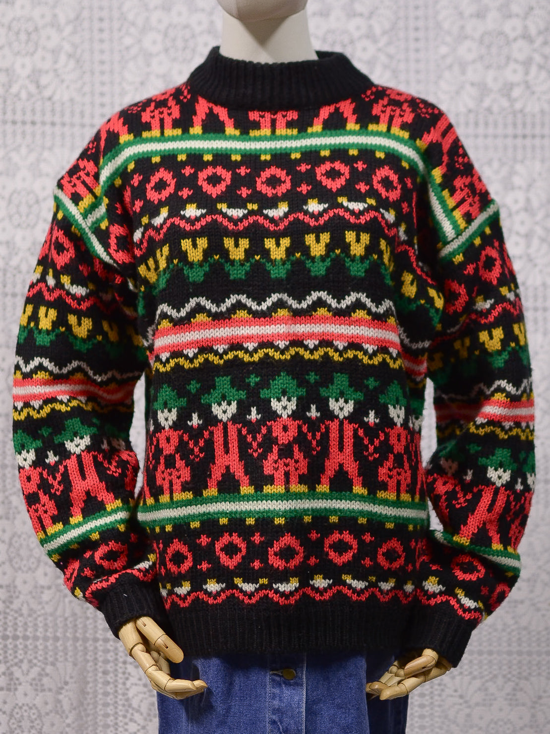 1980s Topshop black, red, green and yellow folk pattern jumper