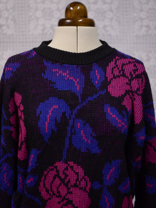 1980s black, purple and pink rose floral print batwing jumper