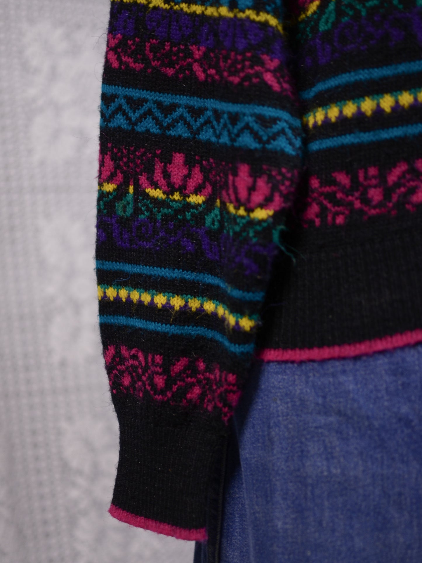 1980s C&A black, pink, yellow, purple and blue colourful floral stripe jumper