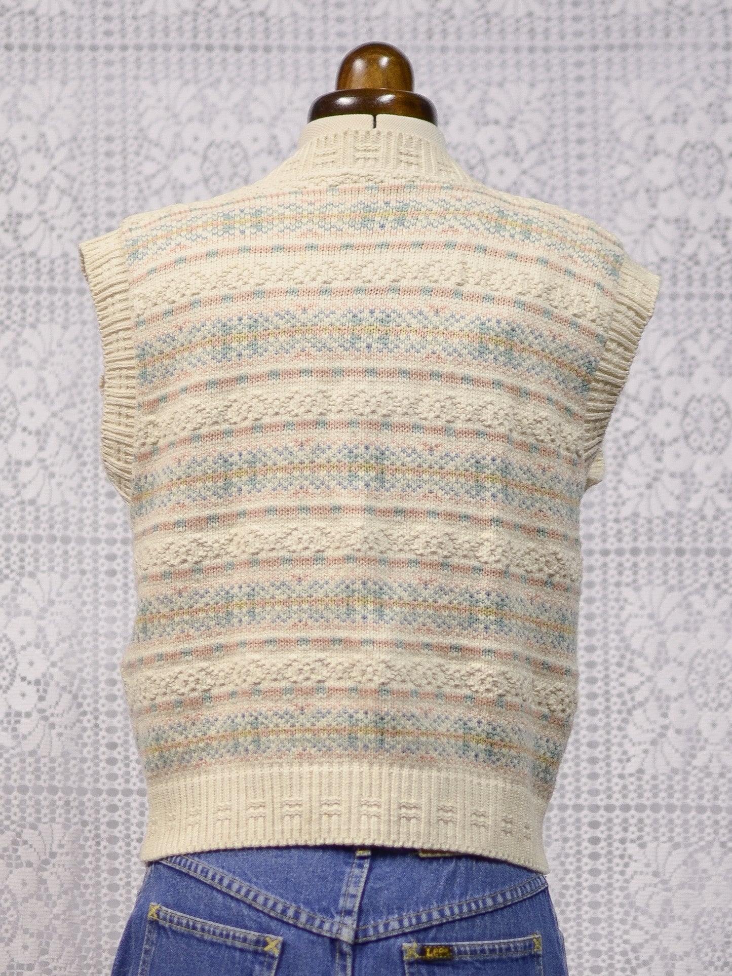 1990s BHS cream, pink and blue nordic fairisle style pattern knitted waistcoat