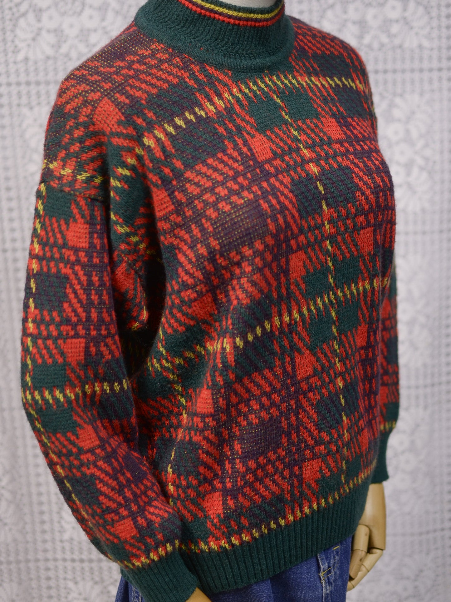 1970s red, green and yellow tartan high neck jumper