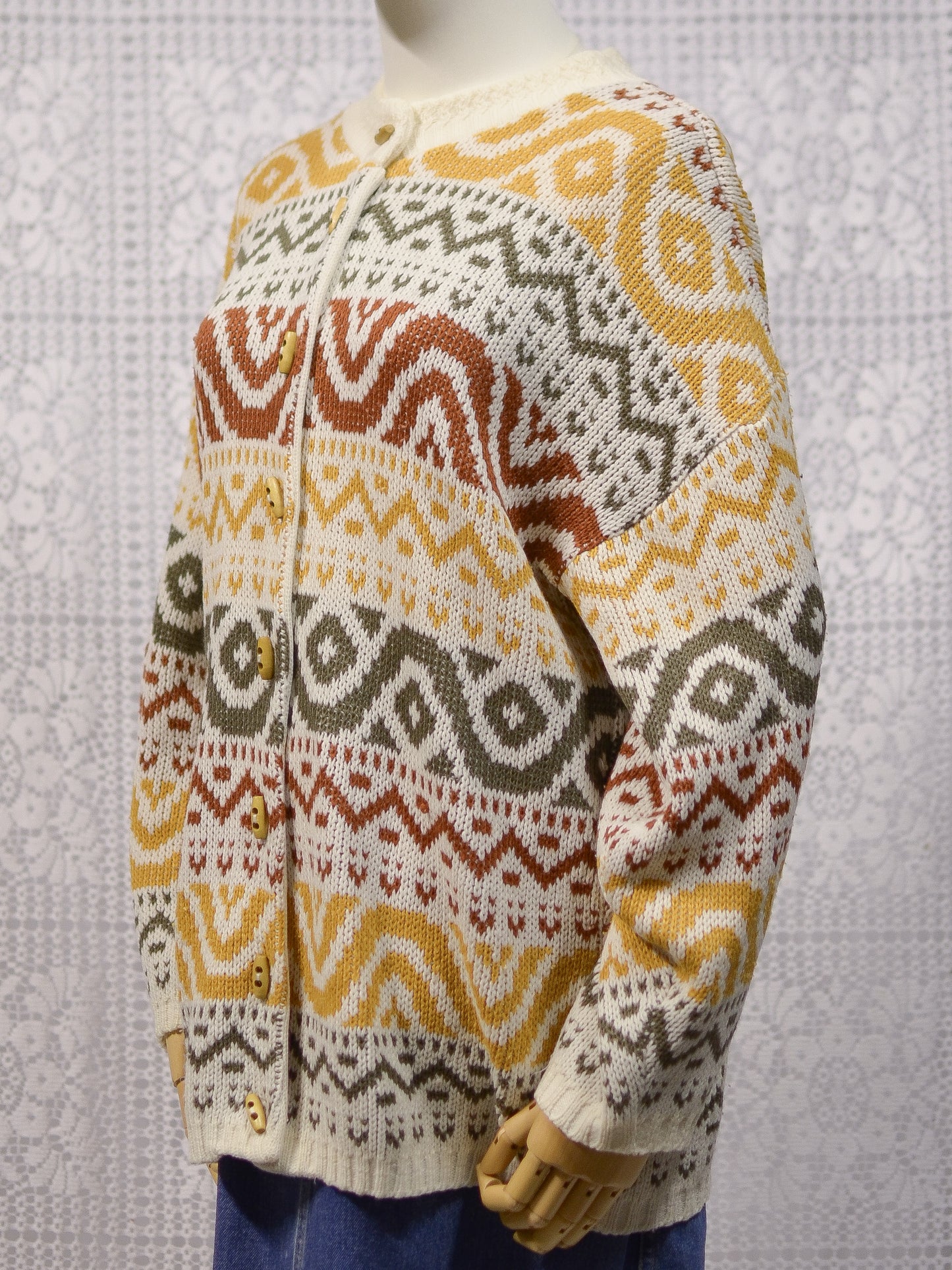 1980s Honeybells brown, green, mustard yellow and cream geometric pattern long cardigan
