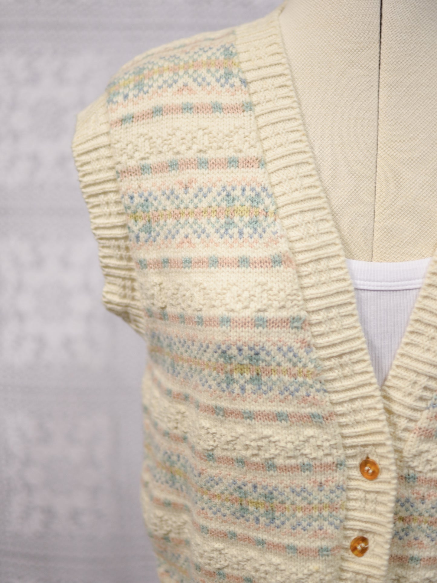 1990s BHS cream, pink and blue nordic fairisle style pattern knitted waistcoat