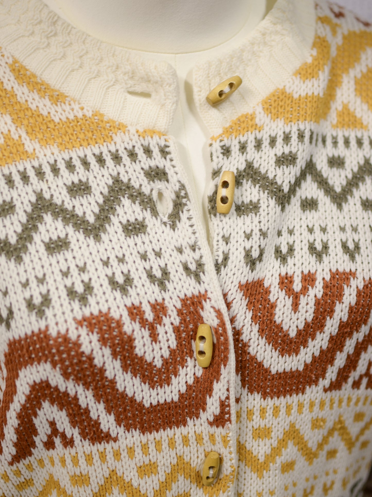 1980s Honeybells brown, green, mustard yellow and cream geometric pattern long cardigan