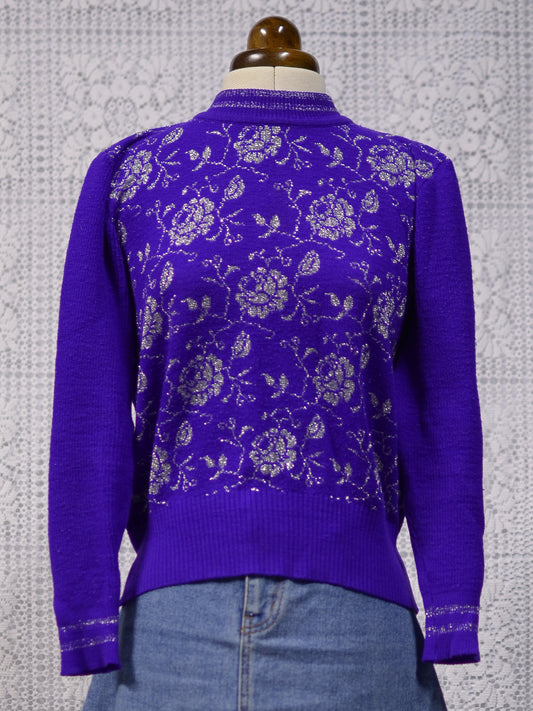 1970s purple and silver glittery rose floral pattern fitted high neck jumper