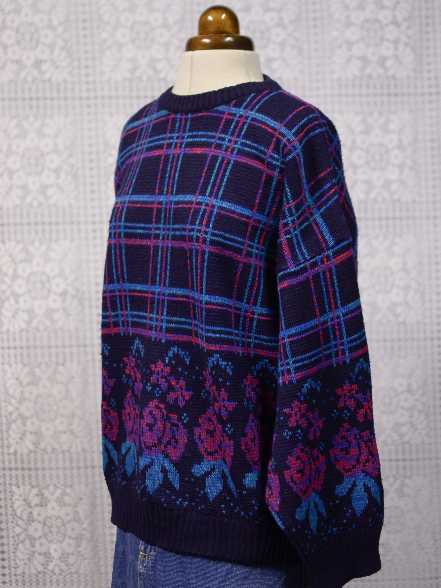 1980s navy, pink and light blue checked and rose floral pattern jumper