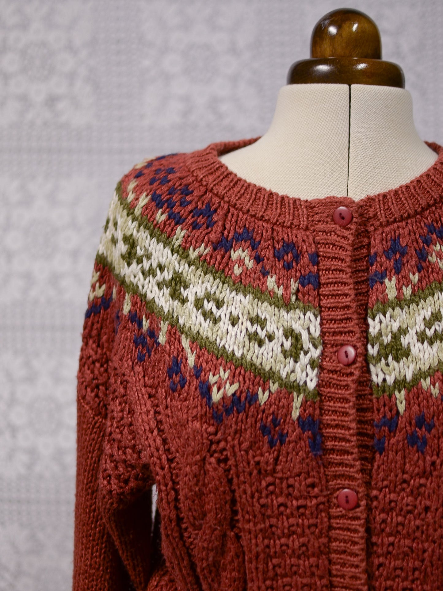 1990s dark red brown and cream floral pattern nordic cardigan