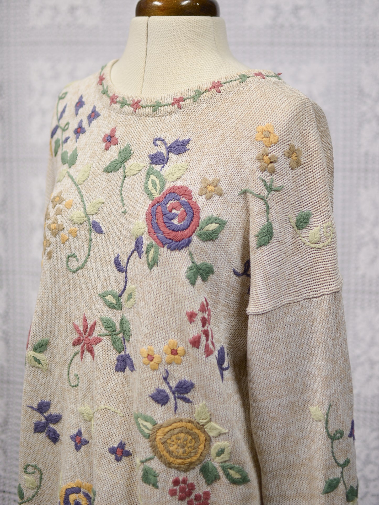 1990s Dorothy Perkins cream embroidered floral long cotton jumper