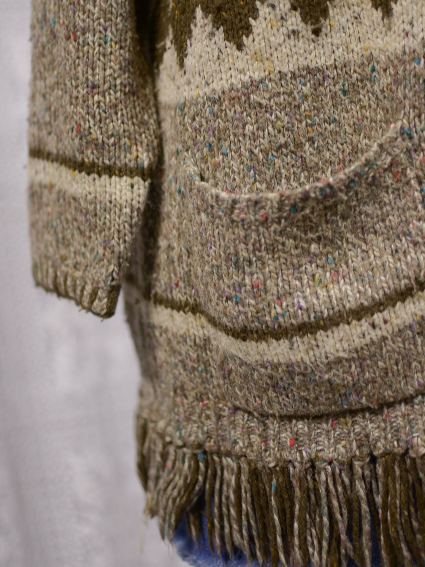 Y2K brown, cream and colourful flecked wool blend long tassled cardigan